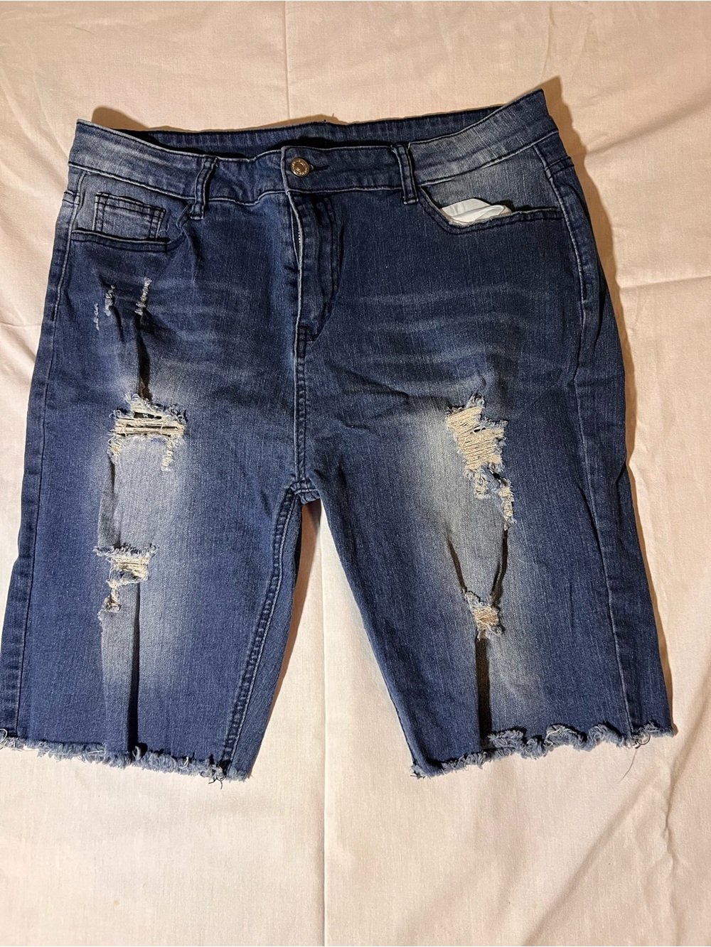 Distressed Dark Blue Denim Bermuda Shorts - Women
